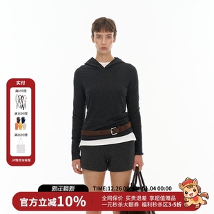 T恤女25秋冬新款 舒适收腰纽扣连帽长袖 IF修身 MAKE