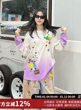 CHEERi UPi渐变纽扣印花条纹长袖T恤女26春夏新款