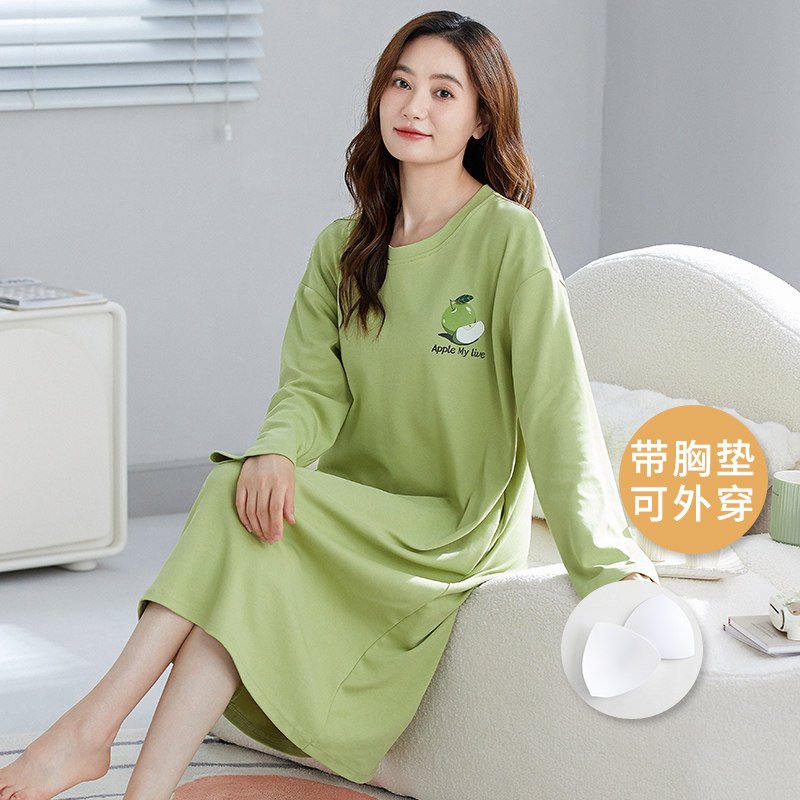 带胸垫长袖睡裙女春秋季纯棉休闲甜美少女防凸点可外穿睡衣家居服