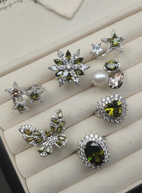 蝴蝶爱心橄榄绿彩色锆石戒指指环