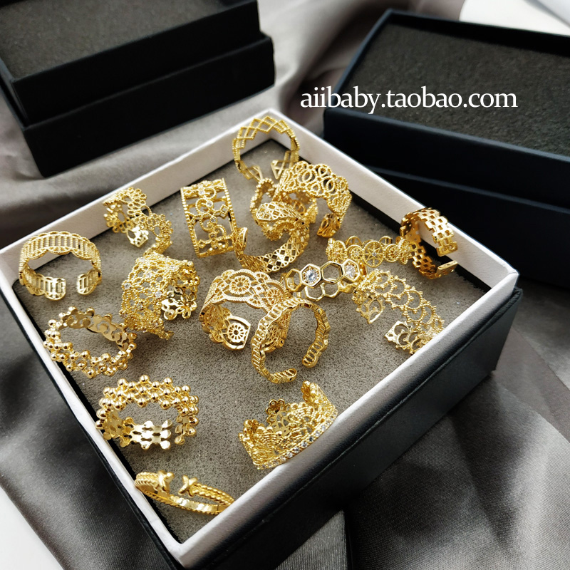 蕾丝镂空宫廷闪钻素圈戒指指环