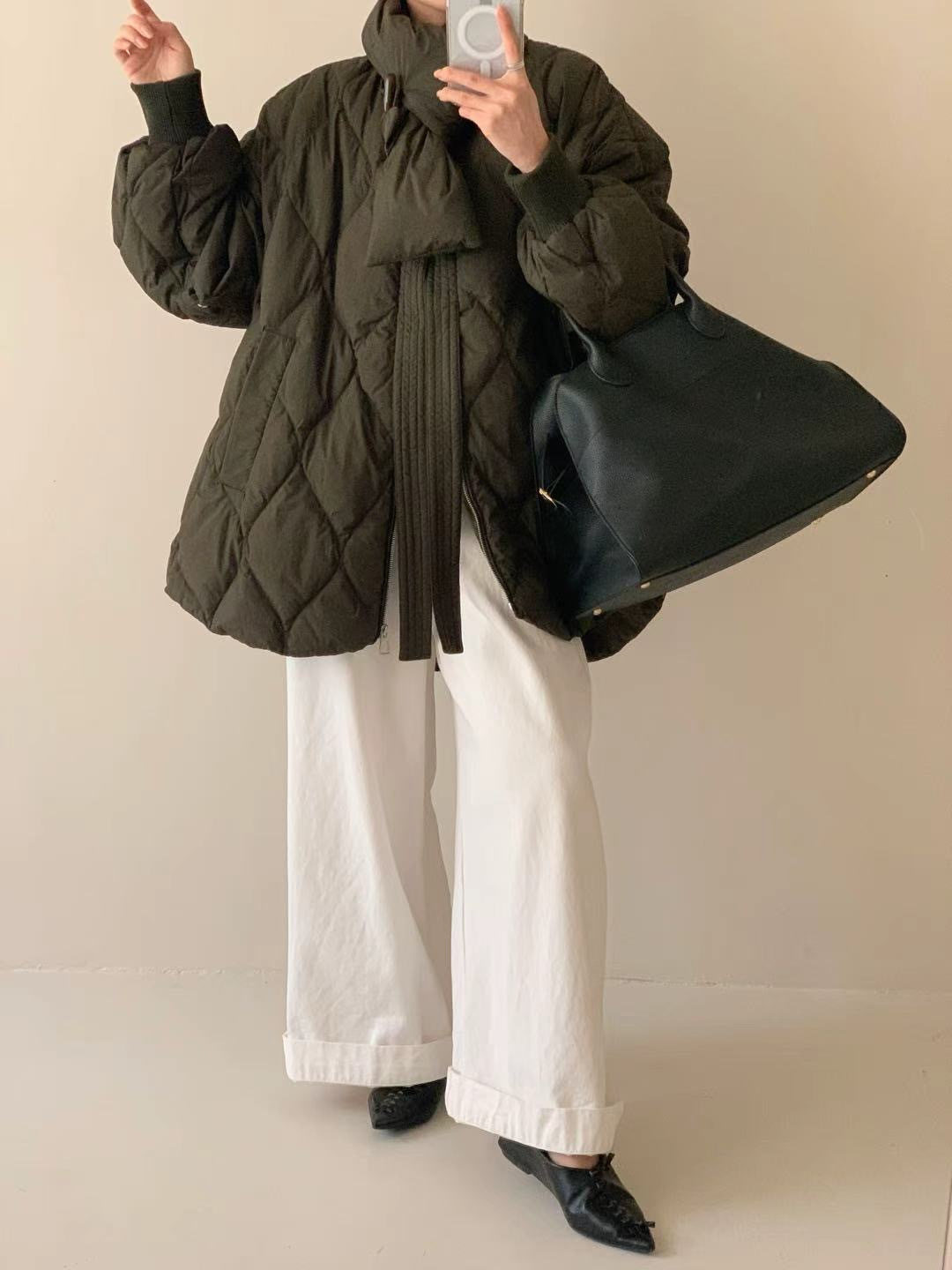 WANXIXI【苔原】韩版菱格高充绒量高级感简约百搭中长款羽绒服女