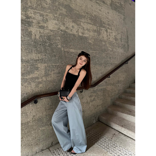 Here yaya shop 5.21 苏打气泡水随意水洗棉撕破设计薄料工装裤