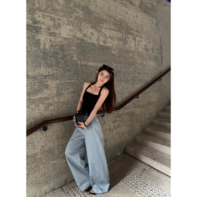Here yaya shop 5.21 苏打气泡水随意水洗棉撕破设计薄料工装裤