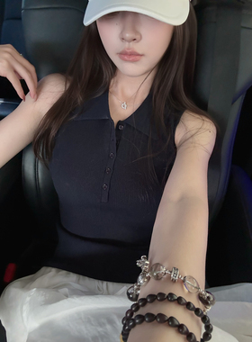 Here yaya shop 6.6 miu系极简穿搭时髦polo领天丝亚麻针织背心