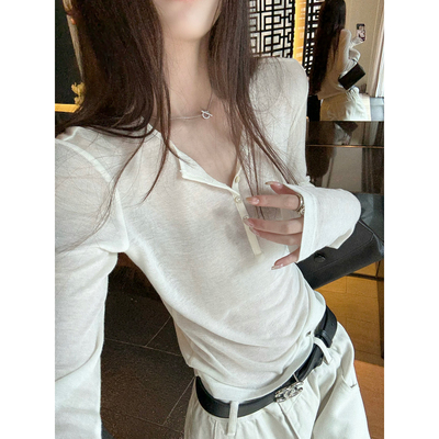 Here yaya shop 薄雾呼吸t绵绵柔柔羊毛天丝微宽松随意扣子打底衫