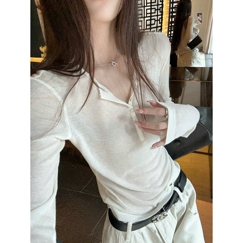 Here yaya shop 薄雾呼吸t绵绵柔柔羊毛天丝微宽松随意扣子打底衫