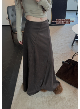 Here yaya shop 侘寂艺术生穿搭复古氛围超大裙摆麂皮绒半身裙