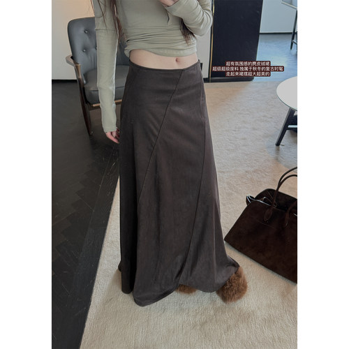 Here yaya shop 侘寂艺术生穿搭复古氛围超大裙摆麂皮绒半身裙