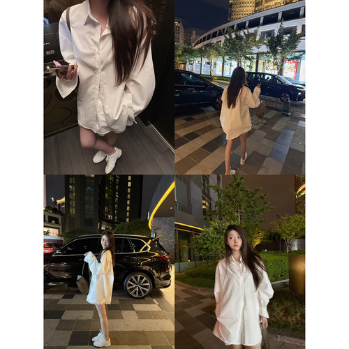 Here yaya shop 清冷感私服弯刀袖成衣水洗工艺慵懒防晒大衬衫女