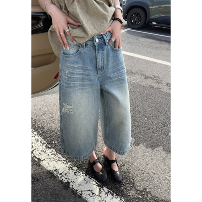 Here yaya shop 经典牛牛做旧磨破工艺修饰腿型显腿直牛仔八分裤