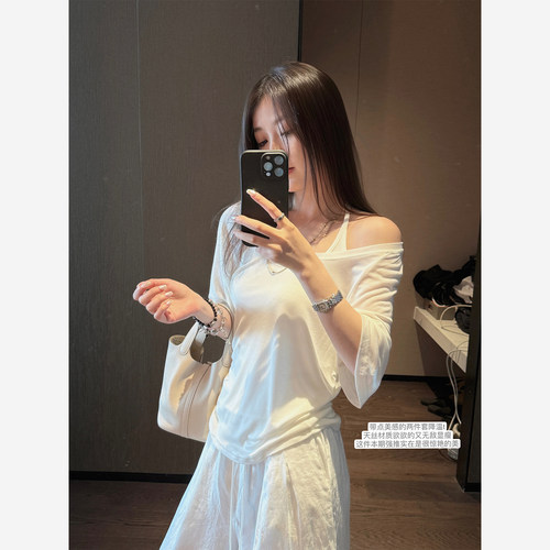 Here yaya shop 降温t裸感羊毛天丝凉凉两件套露肩奶欲短袖t恤女
