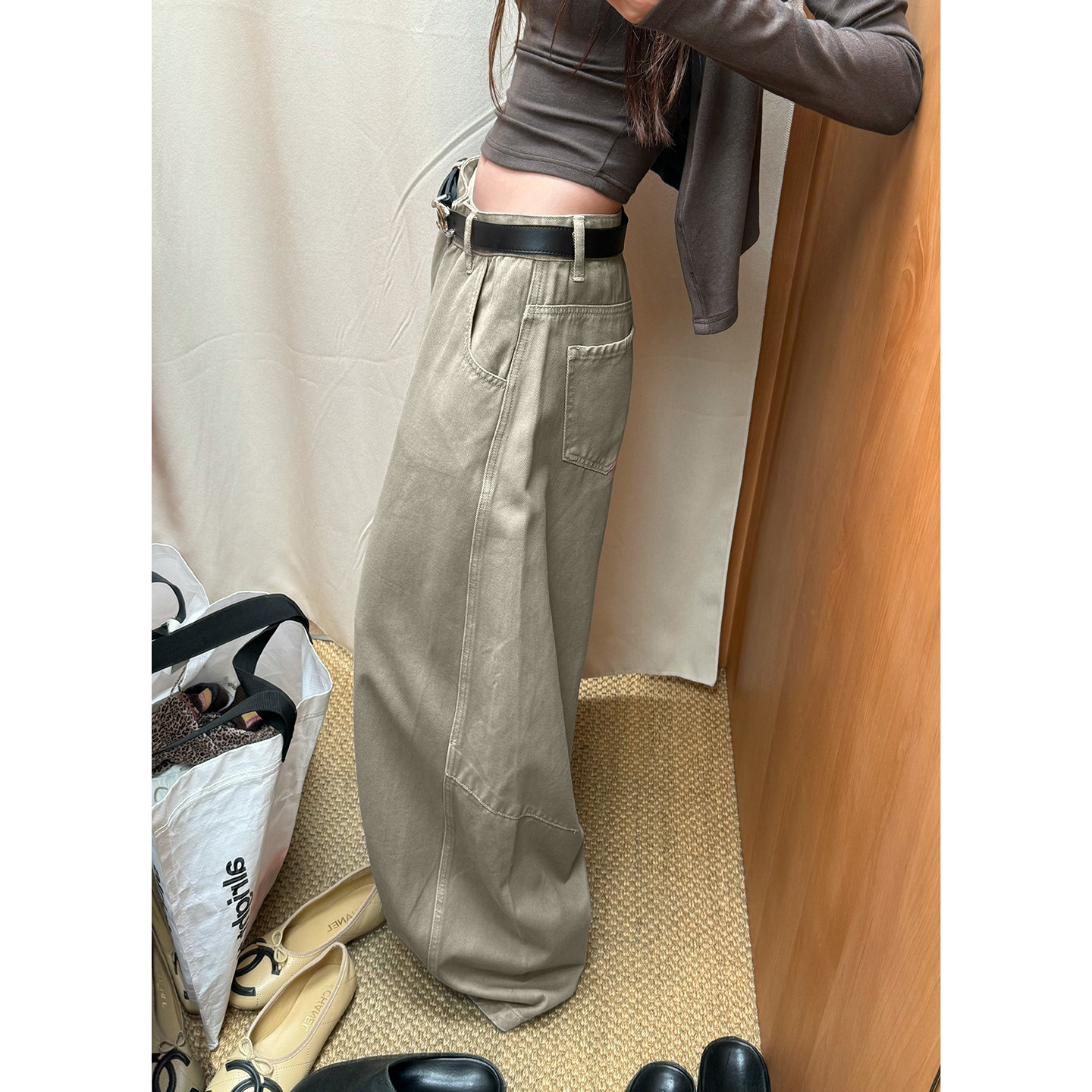 Here yaya shop 复古慵懒特殊水洗色不挑人随意时髦工装风牛仔裤图片