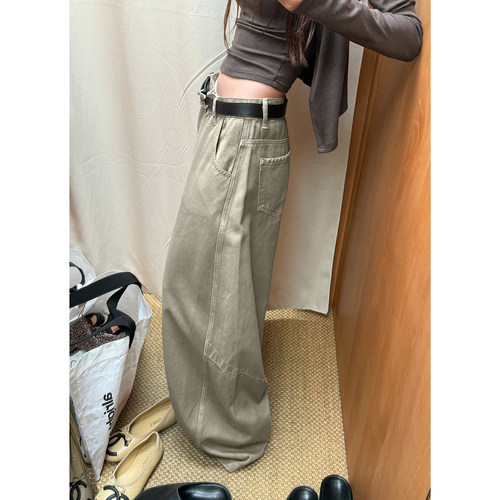 Here yaya shop 复古慵懒特殊水洗色不挑人随意时髦工装风牛仔裤