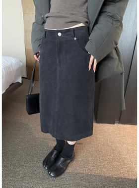 Here yaya shop 时髦复古调调酵素做旧工艺质感有型灯芯绒中裙