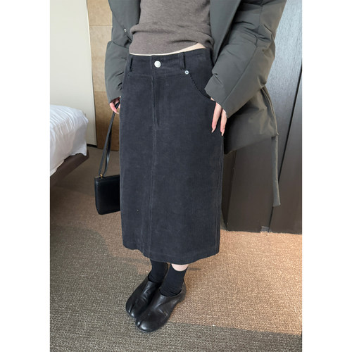 Here yaya shop 时髦复古调调酵素做旧工艺质感有型灯芯绒中裙
