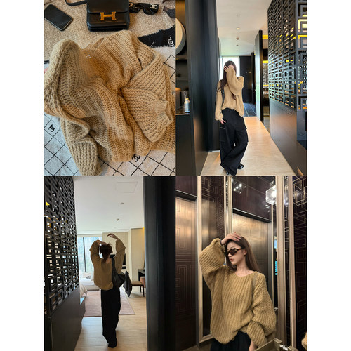 Here yaya shop全麦可颂软绵绵蓬松粗针羊毛马海毛嗲嗲灯笼袖毛衣