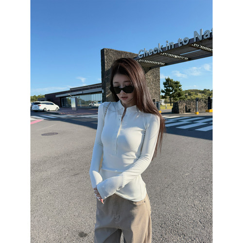 Here yaya shop 显瘦密码深冬亨利领直角肩慵懒瘦瘦加绒加密打底t