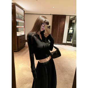 Here yaya shop miu系小姐姐精致翻领纸片人羊毛短款时髦针织衫