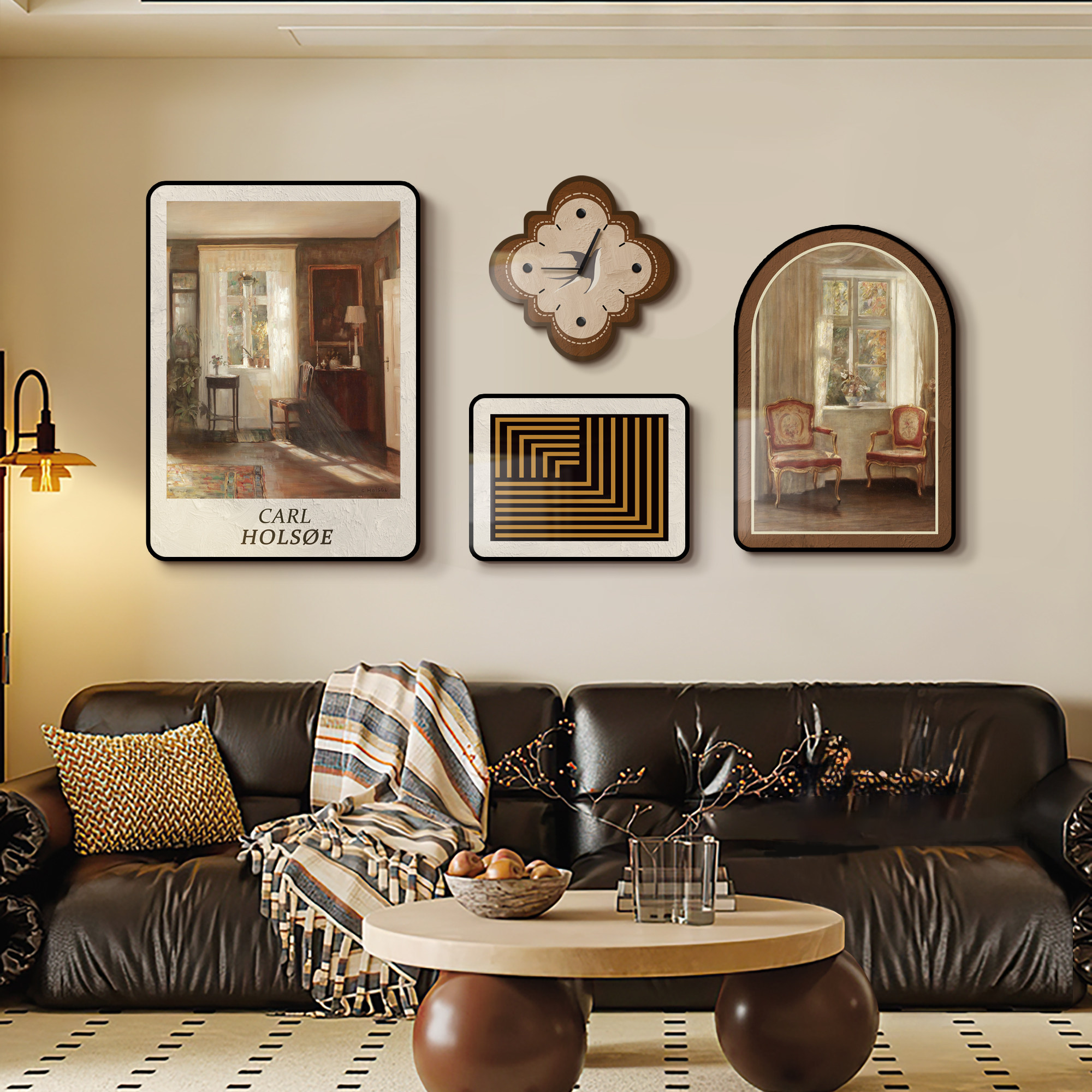 法式复古风客厅组合装饰画带时钟沙发背景墙挂画中古小众艺术壁画,家居饰品,现代装饰画,淘宝优惠券,粉丝福利购,淘宝优惠卷