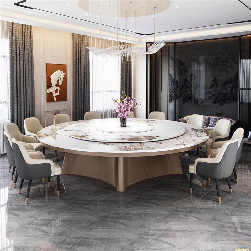 岩板酒店大圆桌电动大理石圆形餐桌会所包厢饭店家用火锅桌椅20人