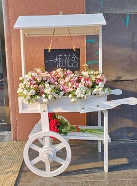 复古田园花架实木黑板小推车摆件阳台花店落地置物架家居店铺装饰