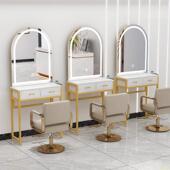 网红理发店单双面镜台美发店带灯镜子发廊专用带柜子一体剪发镜