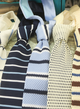 复古领带男窄版毛线日韩休闲横条蓝色英伦学院风6CM平头个性针织