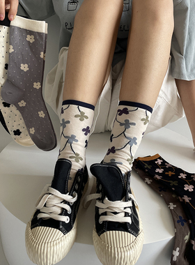 女士蓝色花朵灰色春秋搭配黑色小皮鞋的袜子女款夏天薄款中筒袜女