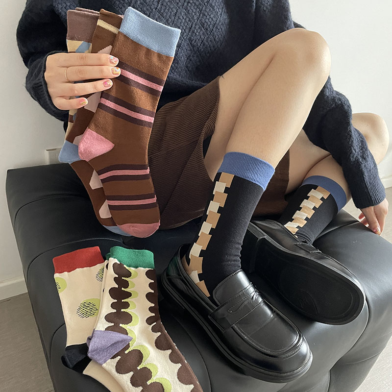 秋季配皮鞋女棉复古几何图案袜子