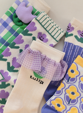 蕾丝花边紫色外穿女生玛丽珍小皮鞋袜子女棉潮中筒袜网红款可爱春