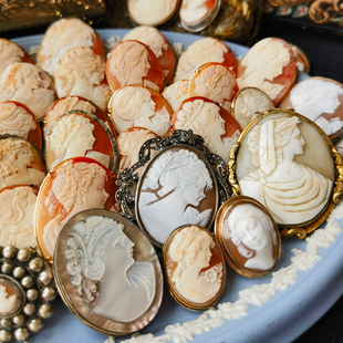 中古vintage手工贝雕cameo胸针女神卡梅奥意大利雕刻古董银首饰品