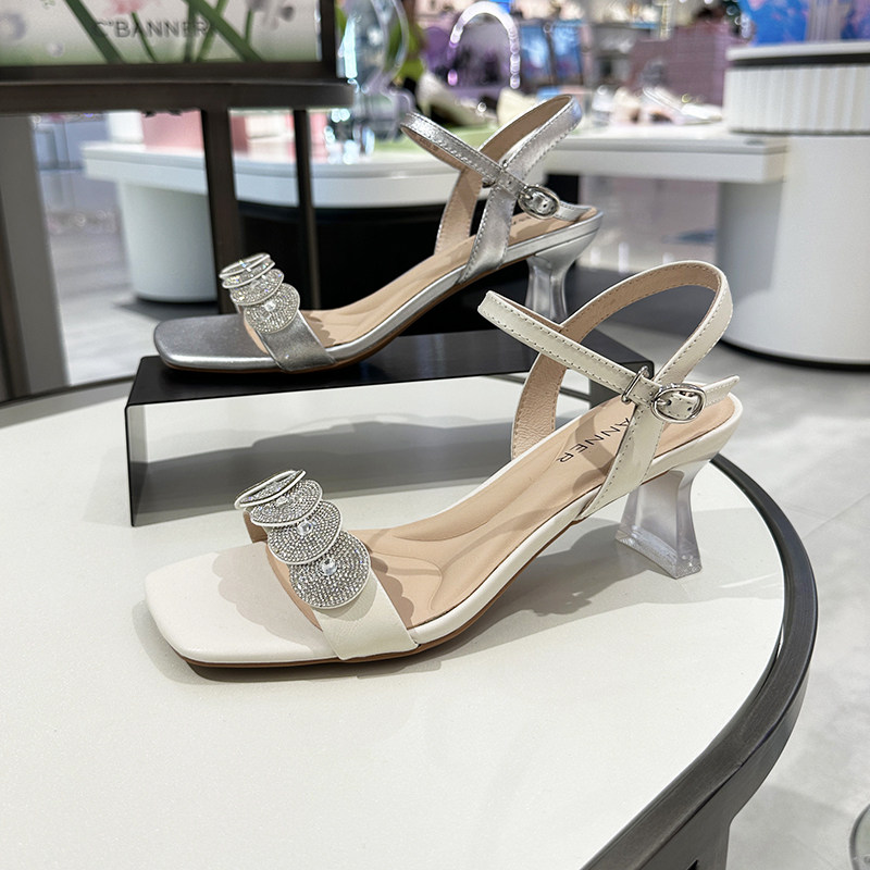 千百度女鞋高跟凉鞋女2025新款御姐性感不累脚水晶跟A25335920