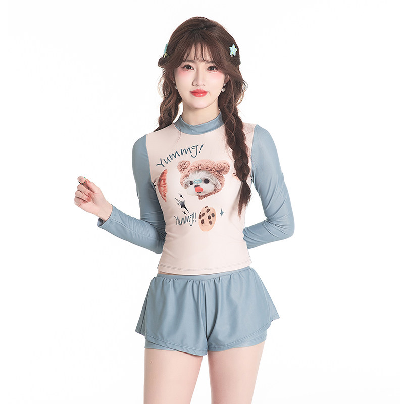 泳衣女2024新款卡通小狗可爱甜美少女分体保守显瘦遮肚高腰泡温泉