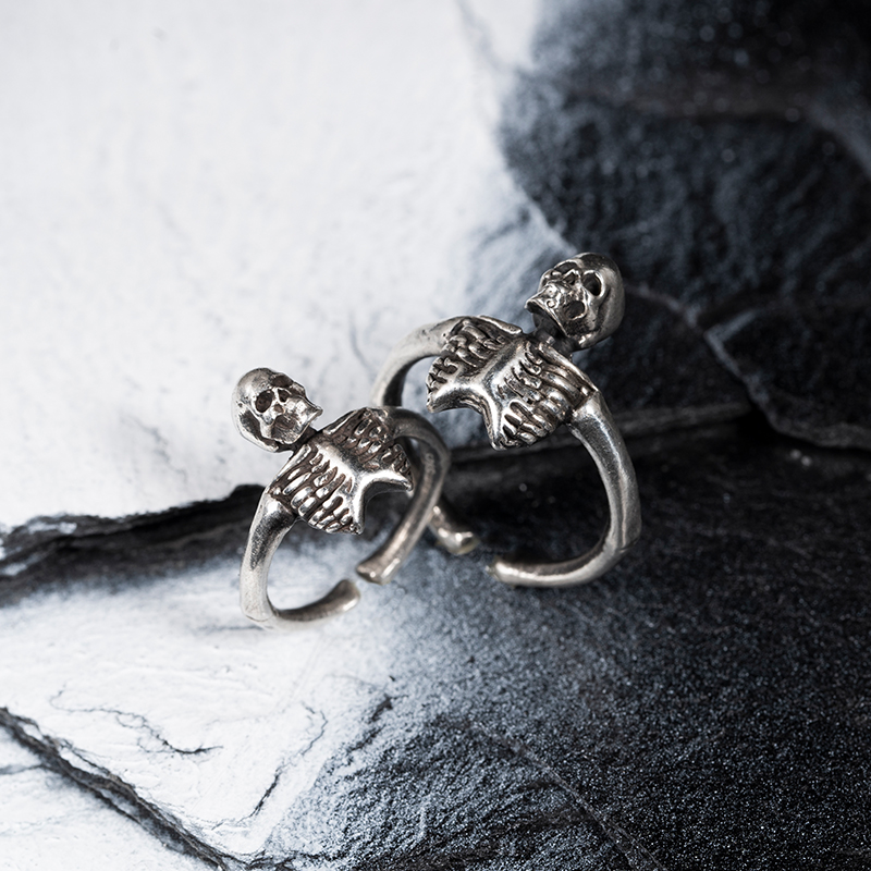 原创银戒指骷髅情侣开口