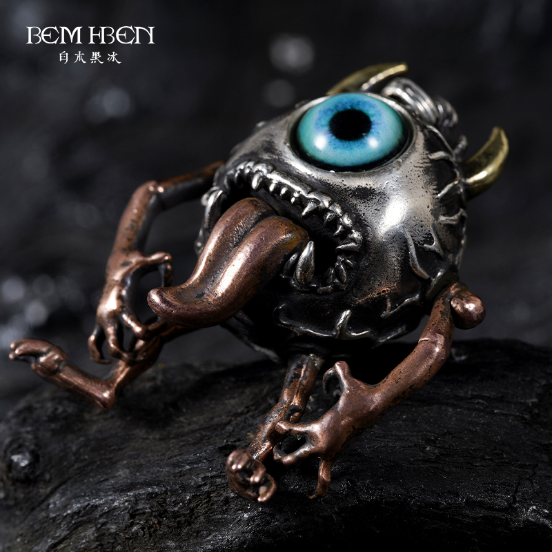 白木黑冰恶魔独眼宠物怪兽恶魔项链925银个性朋克风复古银饰吊坠