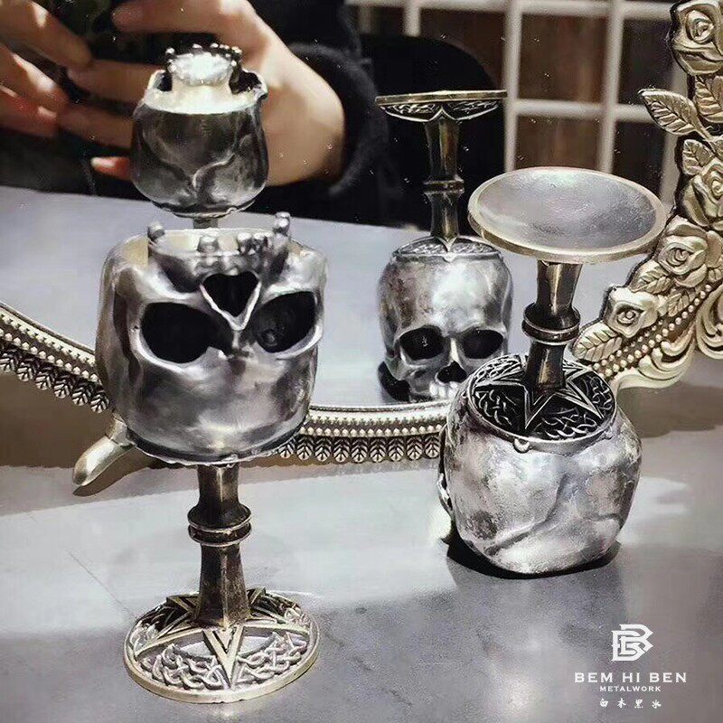 白木黑冰原创设计骷髅酒杯925银酒具个性酒盅纯银蜡台家居摆件