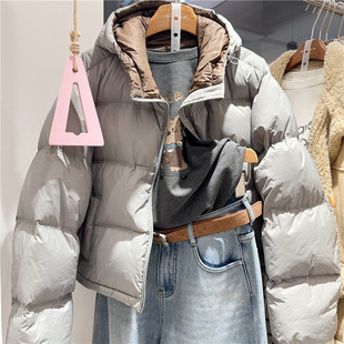 拉链连帽拼色内衬白鹅绒羽绒服女7443 新款 欧洲站实体同款 2025冬季