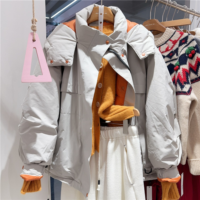 拉链立领连帽可收腰白鸭绒羽绒服
