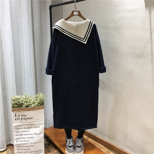 Военно-морской сверхдлинный длинный свитер, платье, длина макси, в западном стиле