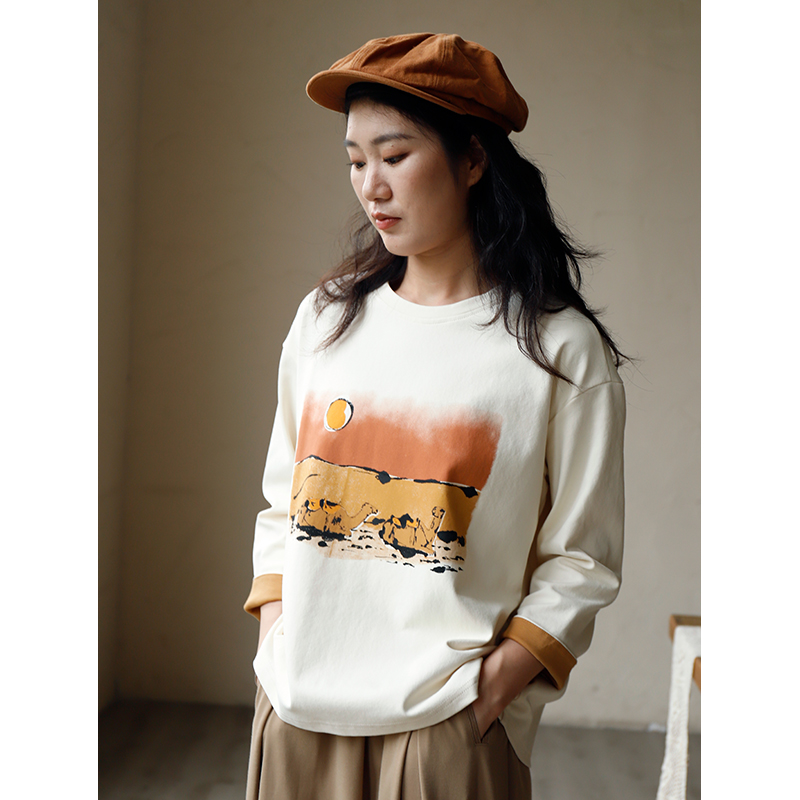 印花长袖圆领棉质t恤女宽松上衣