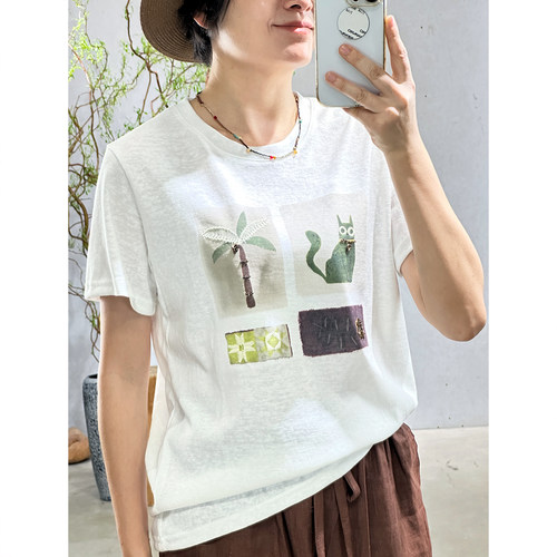 夏文艺猫咪印花宽松短袖棉T恤女
