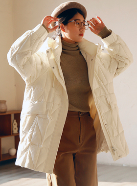 掂量女装 冬季白色连帽中长款羽绒服女加厚保暖长外套H4V01Y11815