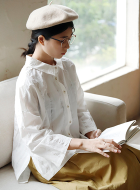 掂量 高级感翻领长袖白色衬衫女通勤文艺宽松百搭上衣H3V01C11130