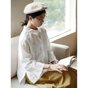 女通勤文艺宽松百搭上衣H3V01C11130 白色衬衫 掂量 高级感翻领长袖