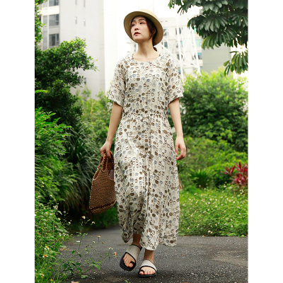 文艺风印花苎麻连衣裙女高腰长裙