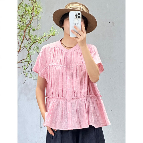 掂量女装夏季新款亚麻短袖衬衫