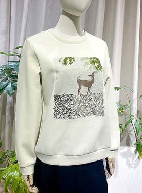 掂量女装 秋季印花长袖白色圆领卫衣休闲宽松百搭套头H4V02F11706