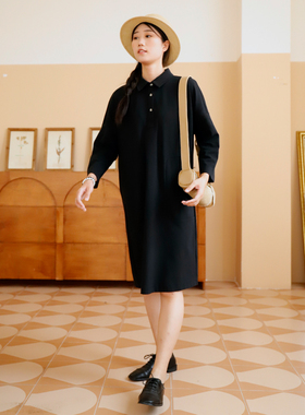 掂量女装 春POLO衫黑色翻领长袖连衣裙棉质休闲中长裙H3V01Q11383