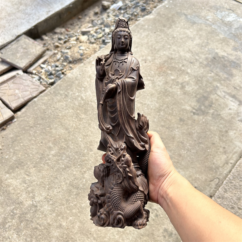 越南沉香木雕御龙观音菩萨佛像摆件实木质南海观音家用供奉工艺品